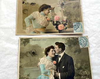 1900s - Lot of Two French Romantic Postcards - Spiders of Love & Hope
