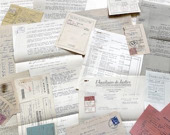 Década de 1950 - Lote de documentos efímeros antiguos: cartas, facturas y documentos legales franceses procedentes de un archivo notarial.