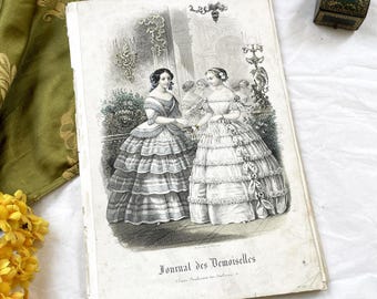 1850s - Exquisite Antique French Fashion Plate - Hand-Colored Engraving - Elegant Parisian Ball Gowns from 19th Century