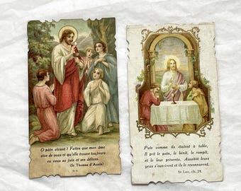 1910s - Vintage French Religious Holy Cards - Reverent Depictions of Jesus - Eucharist and Emmaus Story - Devotional Prayer Ephemera
