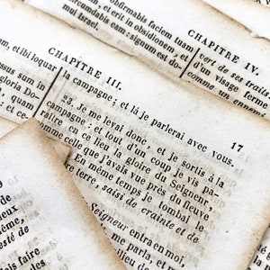 May include: Close-up of aged book pages with French text. The pages are yellowed and worn, with visible text from chapters III and IV. The image highlights the texture and age of the paper, creating a vintage aesthetic.