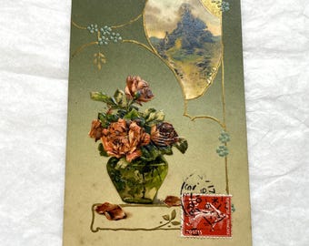 1910s - Embossed French Postcard - Gilded Roses & Landscape Vignette