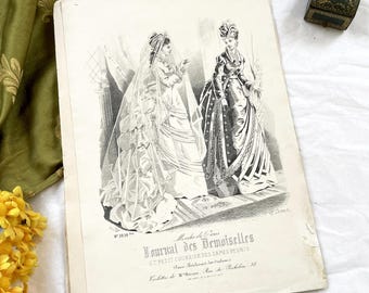 1880s - Vintage French Fashion Plate - Journal des Demoiselles - Parisian Couture Engraving - Victorian Bridal and Day Dress Original Art