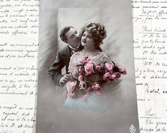 1900s - Vintage Romantic Postcard - Sepia-Toned Couple with Colored Pink Roses - Edwardian Era Lovers Keepsake - Authentic Antique Ephemera