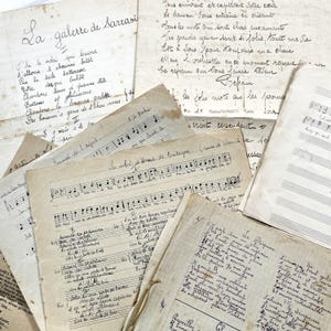 Anni '10 - Raccolta di canzoni francesi - Pagine manoscritte di testi di canzoni e musica tra gli anni '10 e '30 - Circa 18 fogli