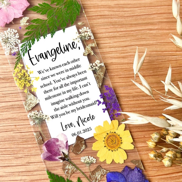 Custom Thank You Bridesmaid Press Flower Bookmark, Will You Be Bridesmaid Proposal Gift, Personalized Message To Maid of Honor, Reader Bride