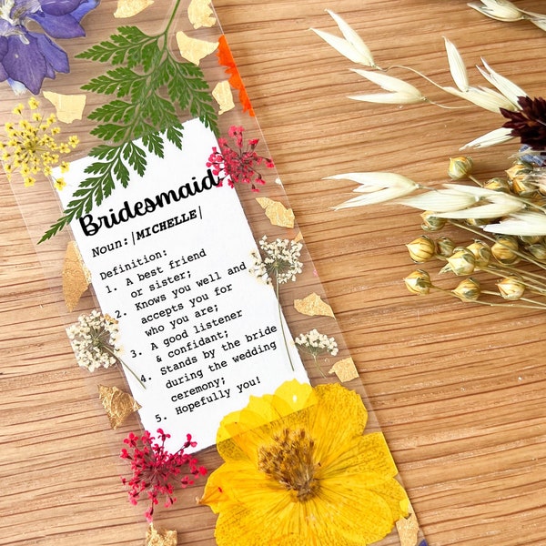 Unique Bridesmaid Definition Proposal Gift Ideas, Custom Name Press Flower Bookmark, Bridesmaid Meaningful Keepsake, Intimate Bridal Shower