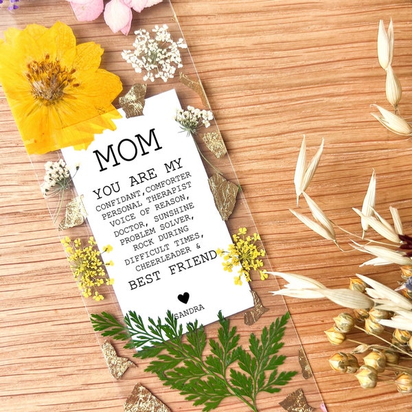 Mom My Best Friend, Custom Name Press Flower Bookmark for Mothers Day, Unique Meaningful Keepsake for Best Mom Ever, Best Supporter Mom Gift