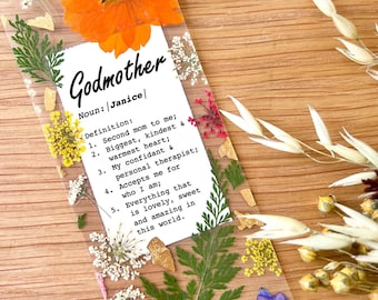 Custom Name Godmother Definition Thank You Gift, Personalized Press Flower Bookmark for Aunt, Christening Baptism Appreciation for GodParent