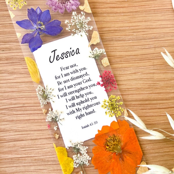 Isaiah 41:10 Custom Name Press Flower Bible Passage Bookmark for Christian Women, The Lord is With You, Meaningful Fun Gift for Mom Grandma