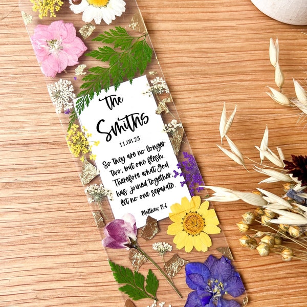 Rustic Chic Christian Wedding Gift for Couples, Custom Name Press Flower Bible Passage Bookmark, One Flesh Scripture, Intimate Wedding Gift
