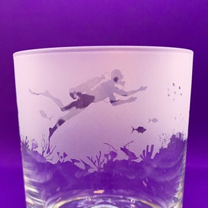 Hand Engraved Scuba Diver Whiskey Tumbler, Underwater Scene