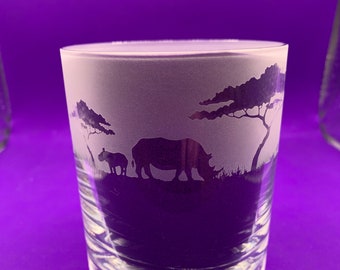Hand Engraved Rhino Whiskey Glass, African Savanna Design