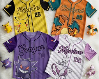 Maglia da baseball Pokémon personalizzata, maglietta Pikachu Charizard, maglia anime con nome personalizzato, completo per compleanno, fantastico regalo Pokémon per bambini
