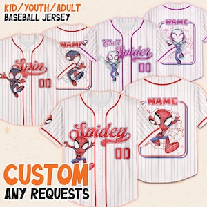 May include: White baseball jerseys with red pinstripes and accents. Each jersey features a different Spider-Man character design, with the text "Spin", "Ghost Spider", and "Spidey". The jerseys are customizable with a name and number.