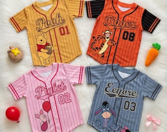 Winnie the Pooh Baseball Jersey, Personalized Pooh Tigger Piglet Eeyore Shirt, Custom Name Kids Disney Outfit, Pooh Shirt