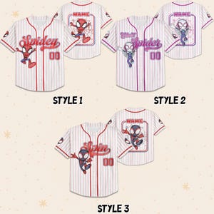 May include: Three baseball jerseys with Spiderman graphics. Style 1 is white with red pinstripes and "Spidey" text. Style 2 is white with purple pinstripes and "Ghost Spider" text. Style 3 is white with red pinstripes and "Spin" text. Each jersey has a number "00".
