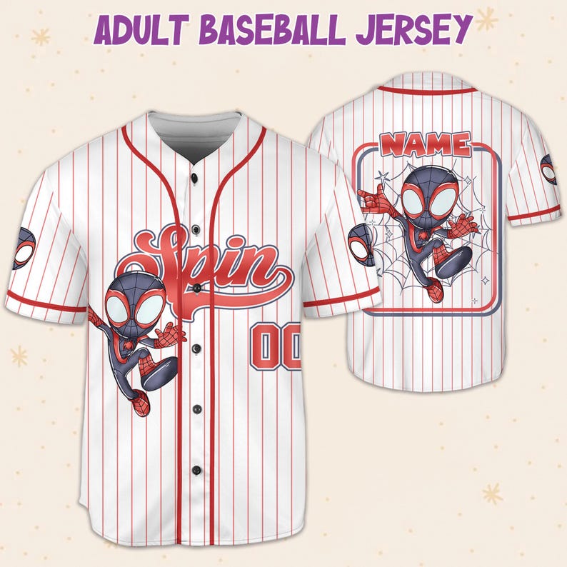 May include: White baseball jersey with red pinstripes, featuring a cartoon character graphic on the front and back. The front has the word "Spin" in red script and the number "00". The back has a name box with a cartoon character and the word "NAME".