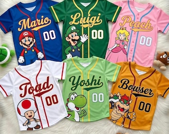 Super Mario Baseball Jersey, Geburtstagsgeschenk für Kinder, Benutzerdefiniertes Name Mario Shirt, niedliches Nintendo Familie passendes Outfit