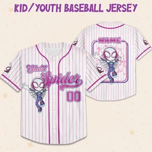 May include: White and pink pinstripe baseball jersey with the words "Ghost Spider" and the number "00" on the front. The back of the jersey has a graphic of a superhero and the word "NAME". The text "KID/YOUTH BASEBALL JERSEY" is at the top.