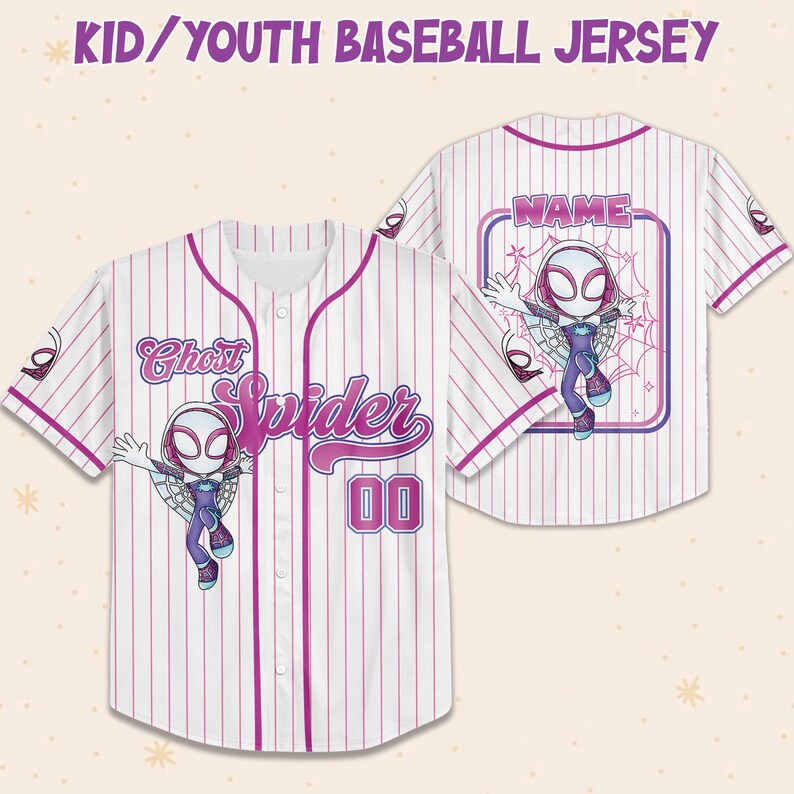May include: White and pink pinstripe baseball jersey with the words "Ghost Spider" and the number "00" on the front. The back of the jersey has a graphic of a superhero and the word "NAME". The text "KID/YOUTH BASEBALL JERSEY" is at the top.