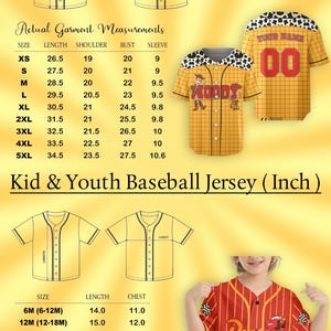 May include: Baseball jersey product image. Includes size charts for adult and youth sizes. The adult chart shows measurements in inches for length, shoulder, bust, and sleeve. The youth chart shows length and chest measurements in inches. The image also shows two baseball jerseys.