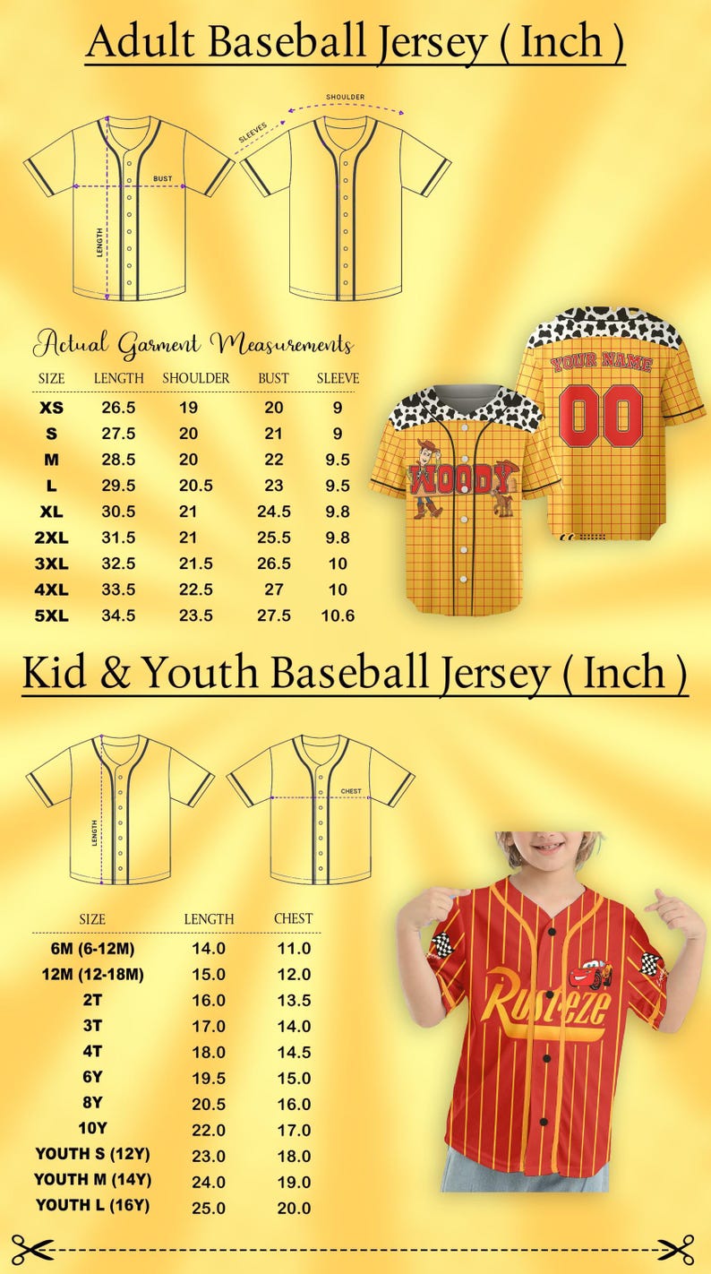 May include: Baseball jersey product image. Includes size charts for adult and youth sizes. The adult chart shows measurements in inches for length, shoulder, bust, and sleeve. The youth chart shows length and chest measurements in inches. The image also shows two baseball jerseys.