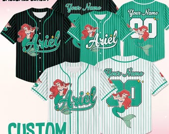 Custom Disney Princess Ariel Baseball Jersey, Disney Little Mermaid Baseball Jersey for Kids, Youth & Adults, Matching Disney Game Day