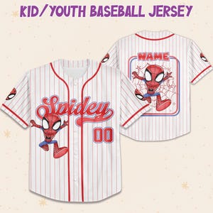 May include: White baseball jersey with red pinstripes and accents. Features a Spiderman graphic and the word "Spidey" in red script. The jersey also has the number "00" and the text "Kid/Youth Baseball Jersey".