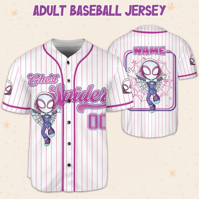 May include: White baseball jersey with pink pinstripes, featuring a Ghost Spider graphic and the text "Ghost Spider" in pink. The jersey has the number "00" and the text "ADULT BASEBALL JERSEY" at the top.