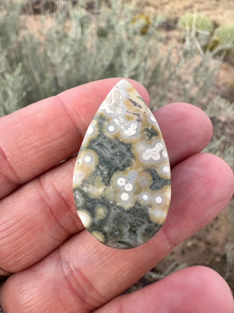 Pode incluir: Uma pedra preciosa polida em forma de l&aacute;grima com um padr&atilde;o complexo de inclus&otilde;es orbiculares em verde floresta escuro, amarelo mostarda e creme. A pedra tem uma superf&iacute;cie lisa e brilhante com manchas circulares distintas espalhadas.