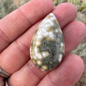 Pode incluir: Uma pedra preciosa de jaspe oce&acirc;nico polida em forma de l&aacute;grima, apresentando um padr&atilde;o complexo de orbes circulares em tons de verde oliva, amarelo mostarda e branco creme, com uma superf&iacute;cie lisa e brilhante que reflete a luz.