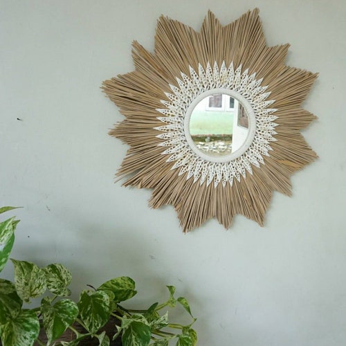 Sunburst shape raffia fiber mirrror | seagrass white sea shell mirror shops | natural seagrass mirror | beach house mirror hanging