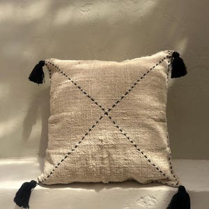 Style 2 TASSELS Black Boho hand stitches pillow cover  | White bohemian wavy pillow cover | white boho tassels cushion cover