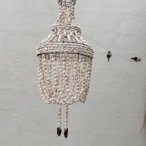 May include: A decorative chandelier made of small, off-white seashells strung together and suspended from a black wire frame. The chandelier has a tiered design with cascading shell strands and dark brown accents at the bottom.