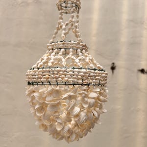 May include: A decorative chandelier made of white seashells. The chandelier has a wire frame and is adorned with numerous small, white seashells. The design is spherical, with a top and bottom section, and is suspended from a single point.
