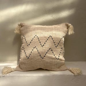 Style 1 FRINGES Boho hand stitches pillow cover with tassels | White bohemian wavy pillow cover | white boho fringe cushion cover