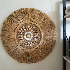 Coastal raffia hanging | round seagrass bali art | seagrass sea shells wall decor