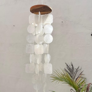 Small White Capiz Shell Wind Chime | Handmade Coastal Boho Decor | Beach House Patio Decor | Outdoor Shell Wind Chime
