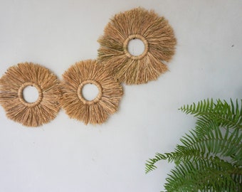 Seagrass fringe round wall decor | set of 3 fringe wall decor | palm leave wall decor | natural seagrass home decoration