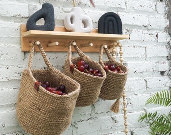 Cesto suspenso de juta para frutas | Cesto suspenso de juta para vegetais | Cesto suspenso artesanal para cozinha | Cesto suspenso estilo fazenda