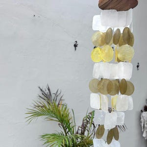 Small Brown Lime Capiz Shell Wind Chime | Handmade Coastal Boho Decor | Beach House Patio Decor | Outdoor Shell Wind Chime | Porch Hanging