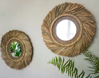 Set of 2 Coastal Charm Raffia Beach House Mirror | beach wall mirror | seagrass round mirror | boho mirror raffia wall hanging