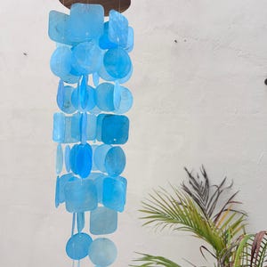 Small Blue Capiz Shell Wind Chime | Handmade Coastal Boho Decor | Beach House Patio Decor | Outdoor Shell Wind Chime | Porch Hanging Decor