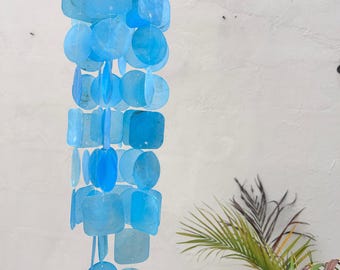 Handmade Blue Capiz Shell Wind Chime | Coastal Boho Decor
