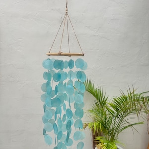 Puede incluir: Un carillón de viento de conchas azules y blancas con una parte superior de madera y un colgador de cuerda. El carillón está colgado de una pared blanca y hay una planta en maceta en el fondo.