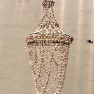 Könnte beinhalten: Ein dekorativer Kronleuchter aus kleinen, cremefarbenen Muscheln. Der Kronleuchter hat ein mehrschichtiges Design mit einem Metallrahmen und hängenden Muschelschnüren, wodurch eine einzigartige und natürliche Ästhetik entsteht. Die Leuchte ist an einem einzigen Punkt aufgehängt.