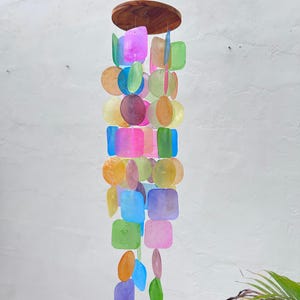 Small Rainbow Pastel Color Capiz Shell Wind Chime – Handmade Coastal Boho Decor