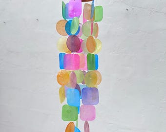 Small Rainbow Pastel Color Capiz Shell Wind Chime – Handmade Coastal Boho Decor