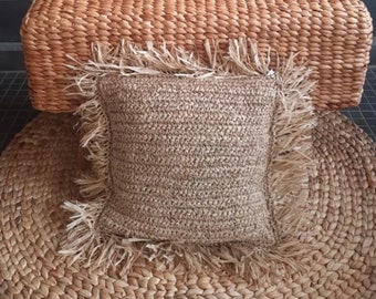 Boho Raffia Fringe Pillow Cover | Raffia Crochet Pillow Cover | Rustic Pillow Cover